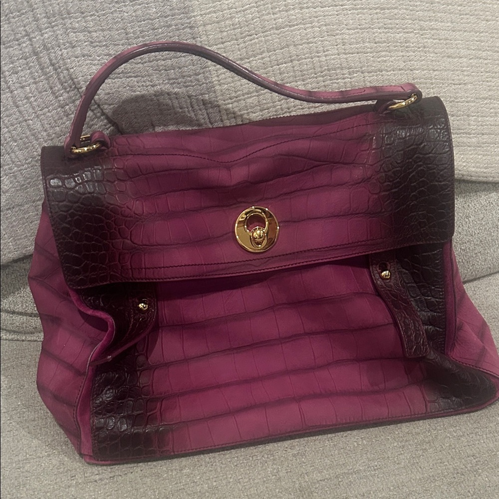 Yves Saint Laurent Plum Purple Croc-Embossed Satchel with Gold Hardware - Picture 3 of 9